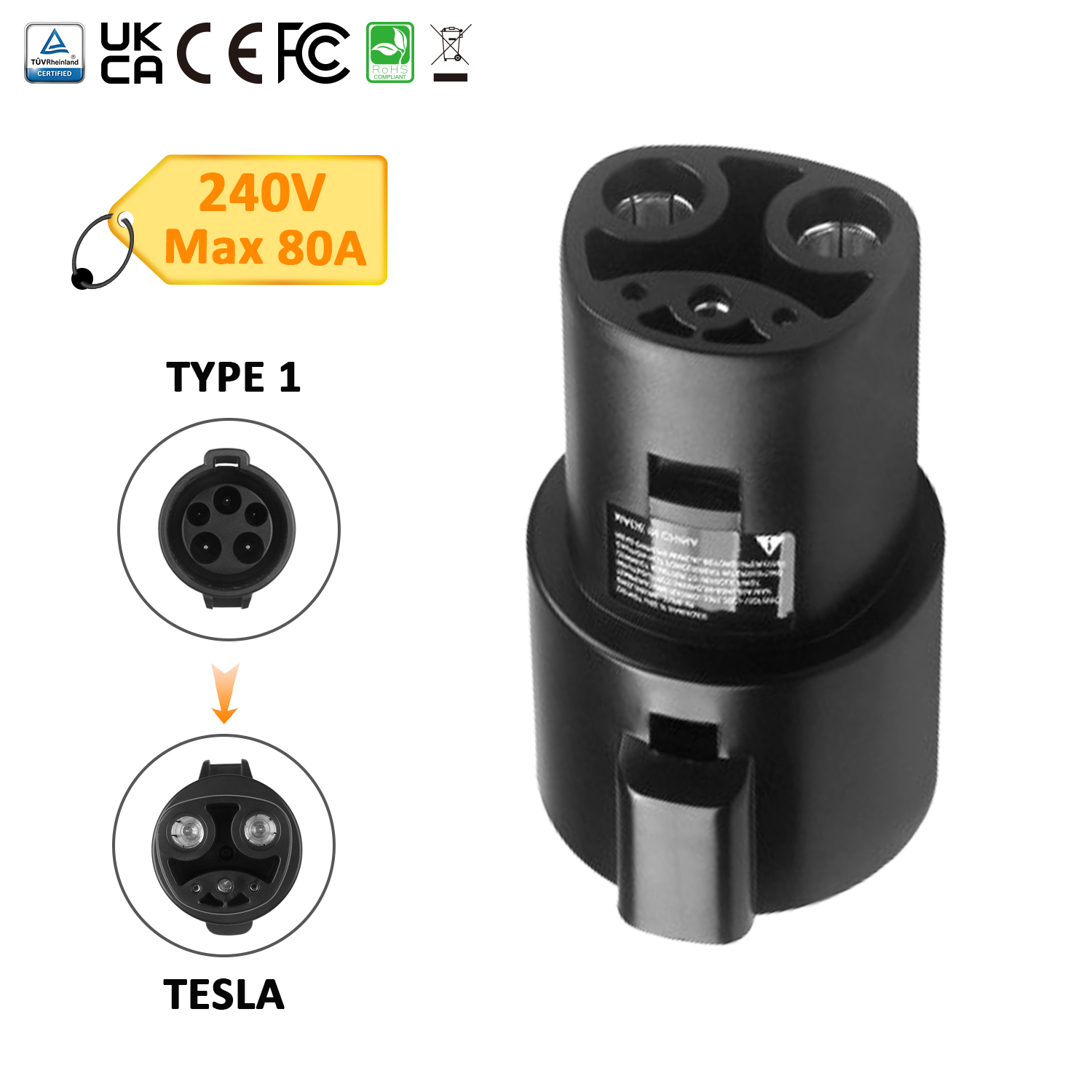 80A Type 1 to Tesla EV Charger Adapter