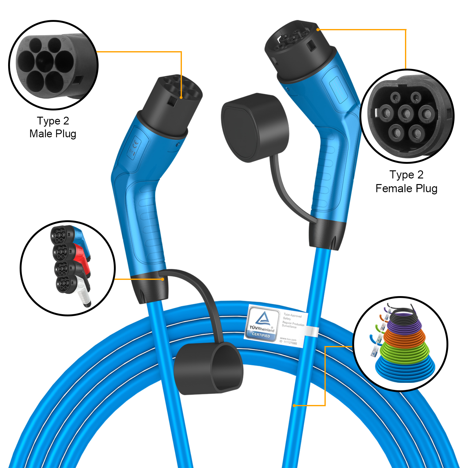 Custom Color Type 2 to Type 2 EV Charger Cable