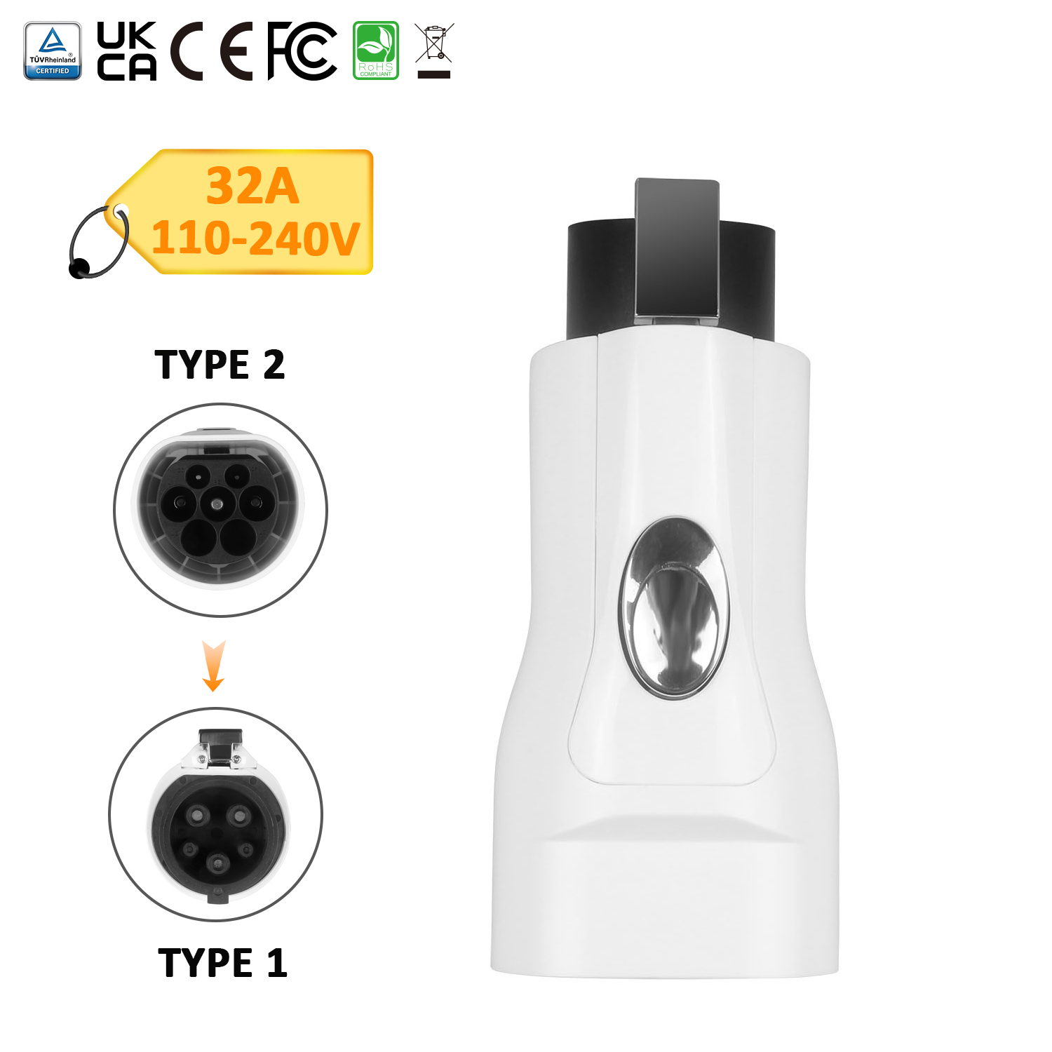 32A Type 2 to Type 1 EV Charger Adapter