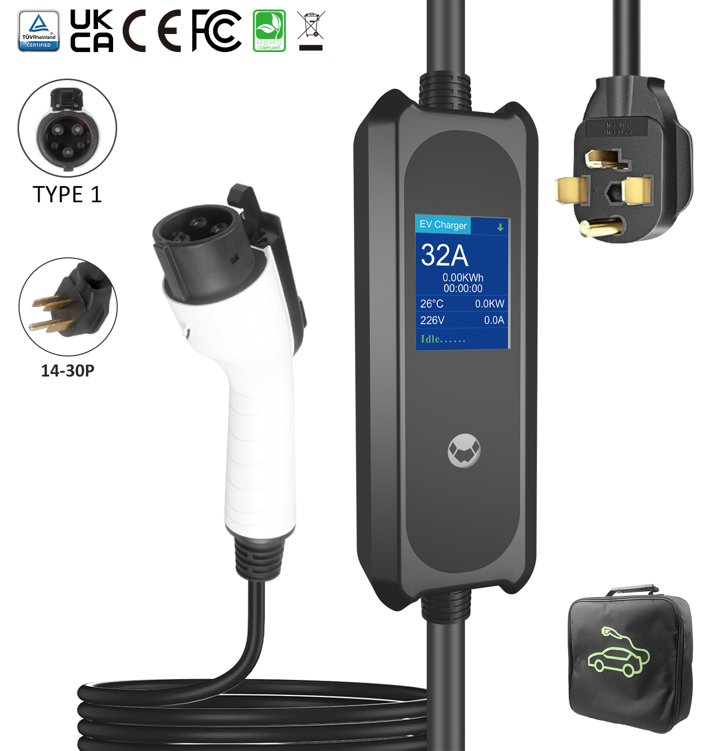 High-Performance Type 1 Portable EV Charger - 3.5KW & 7.6KW Options