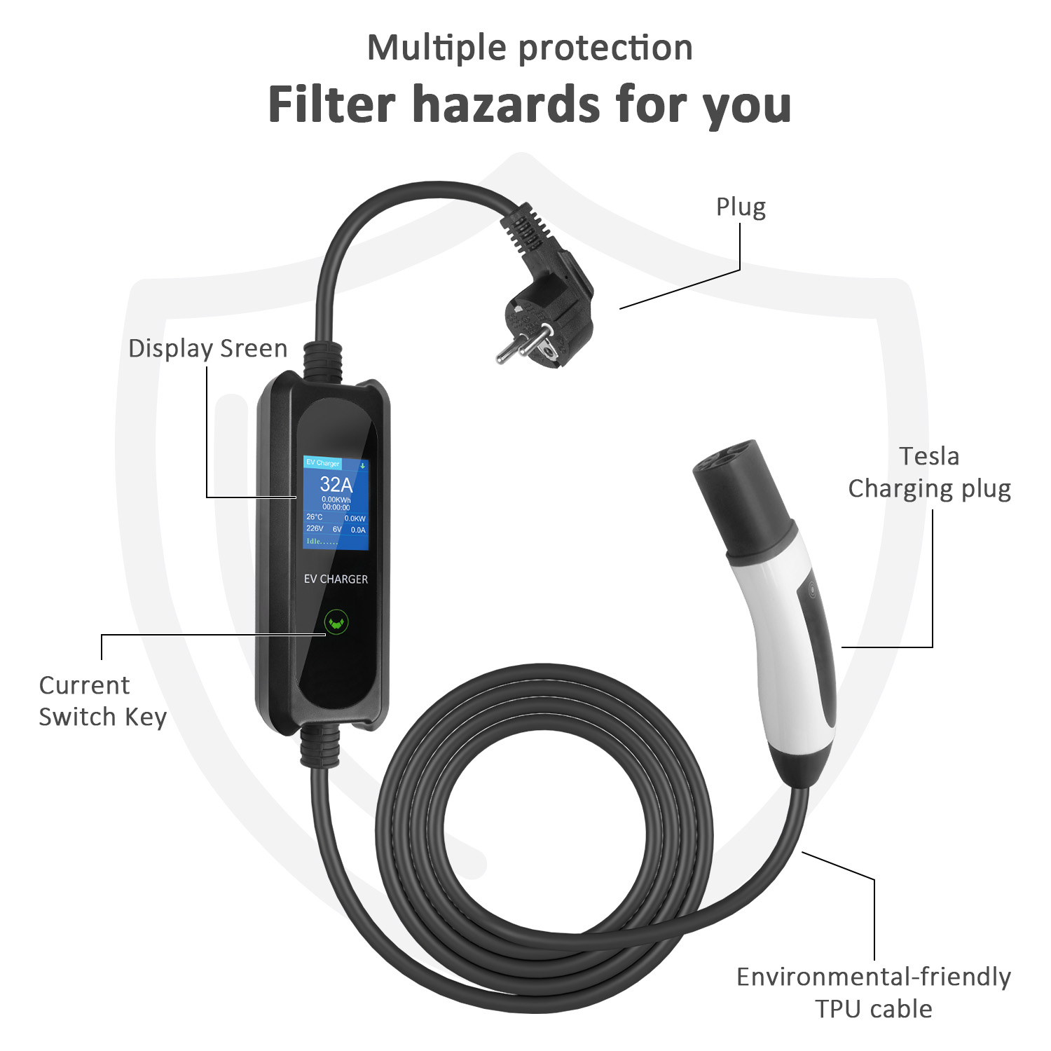 Large Screen Display Tesla Portable EV Charger with Schuko Plug