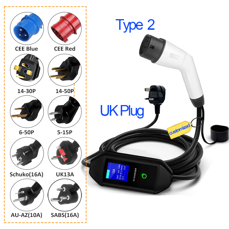 Type 2 Charger Head With UK Plug Portable EV Charger Gun with Adjustable Current for