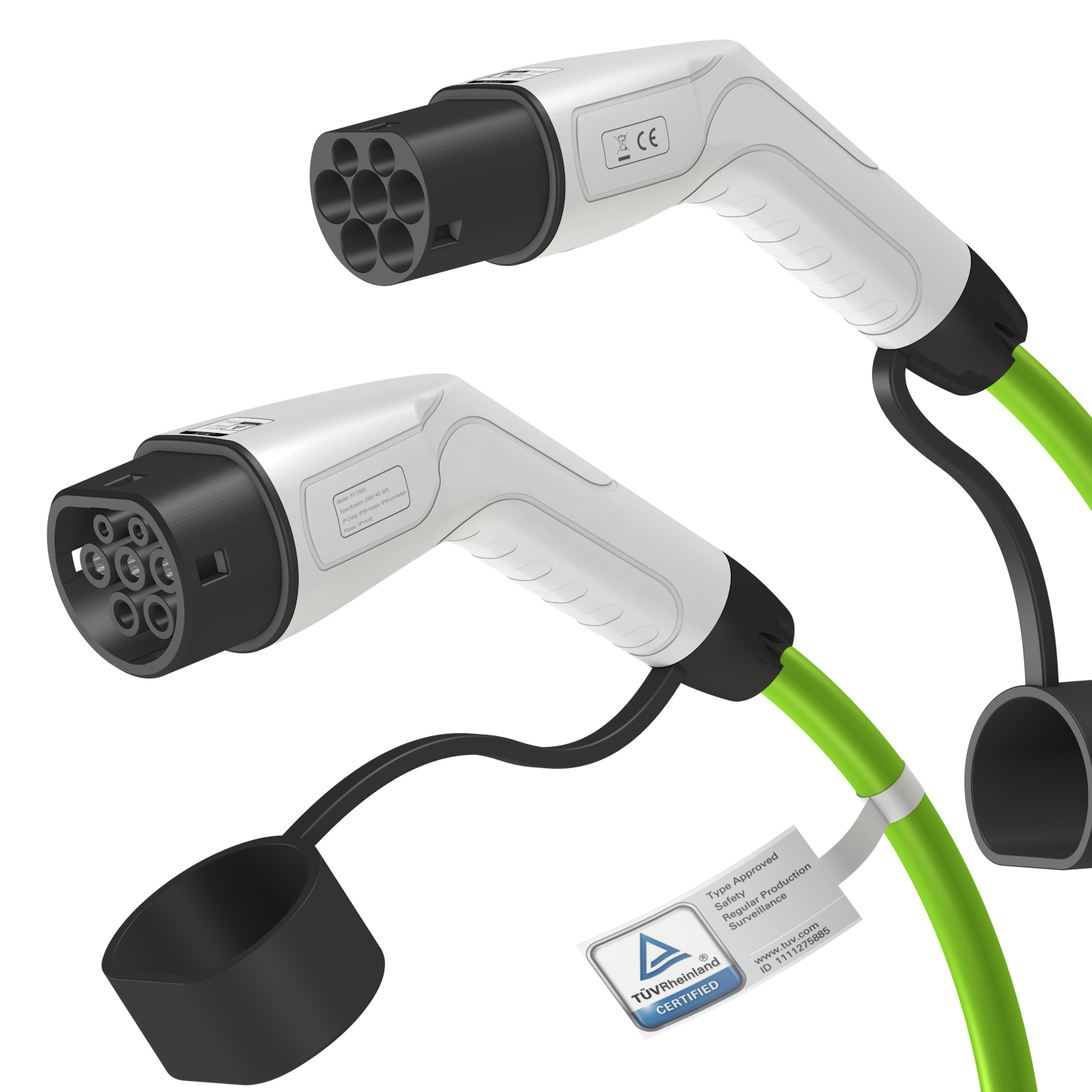 Type 2 EV Charger Cable with White Gun Head and Green Cable