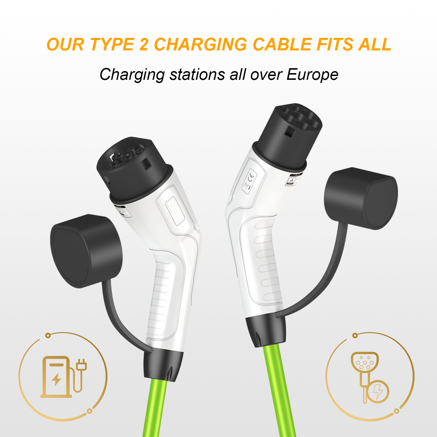 Type 2 EV Charger Cable with White Gun Head and Green Cable