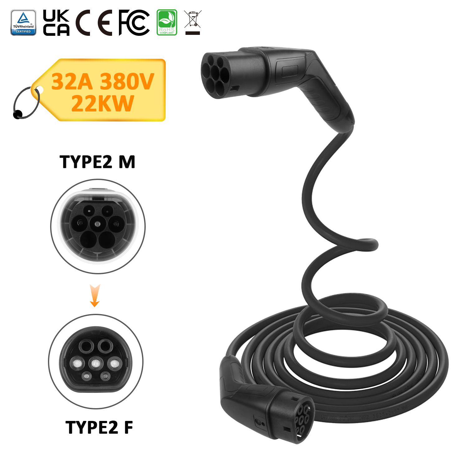 Type 2 Male to Type 2 Female EV Charger Cable