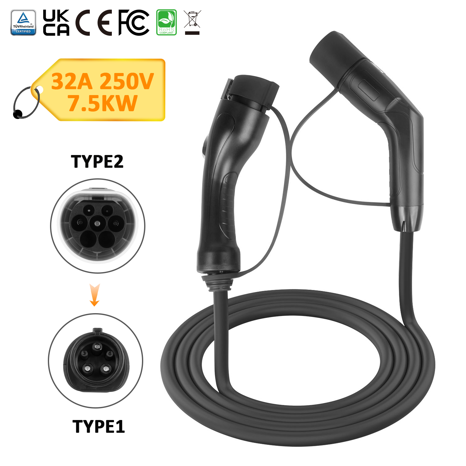 Type 2 to Type 1 EV Charger Cable