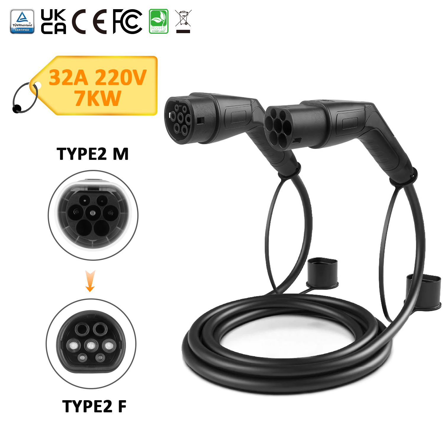 5m Type 2 to Type 2 EV Charger Cable