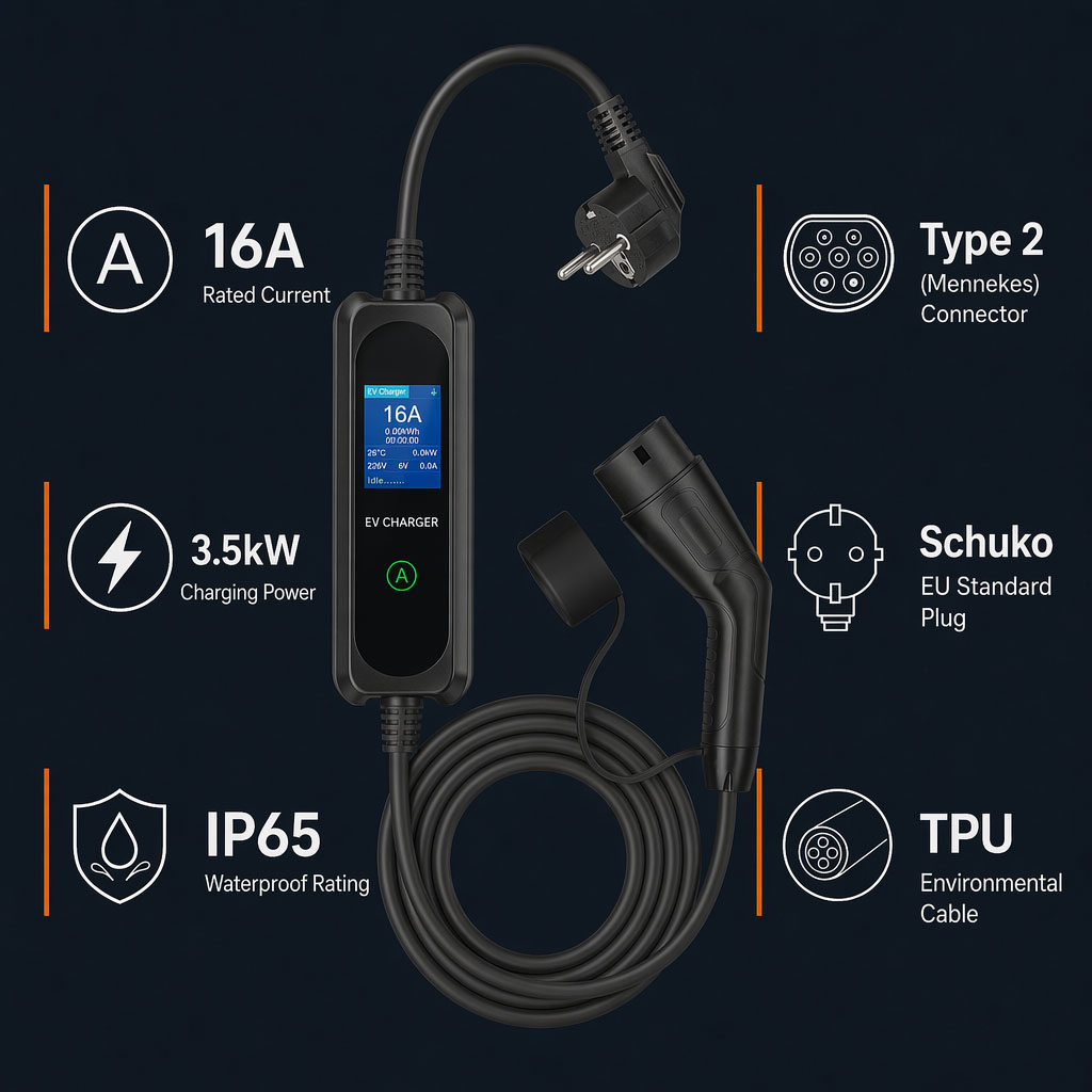 Type 2 to Schuko Plug Portable EV Charger Station - Configuration
