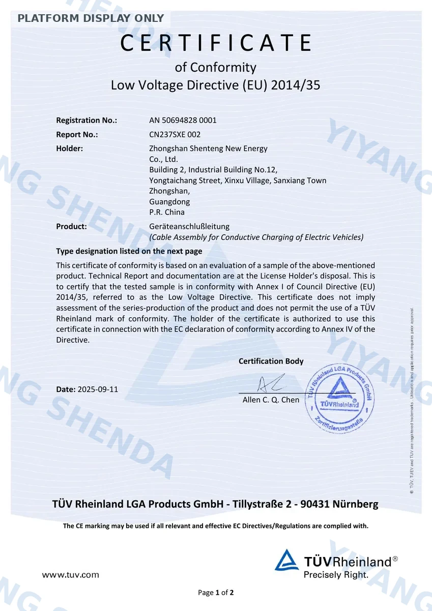 EV Cable Assembly CE Certificate AN 50694828 0001 certificate document preview